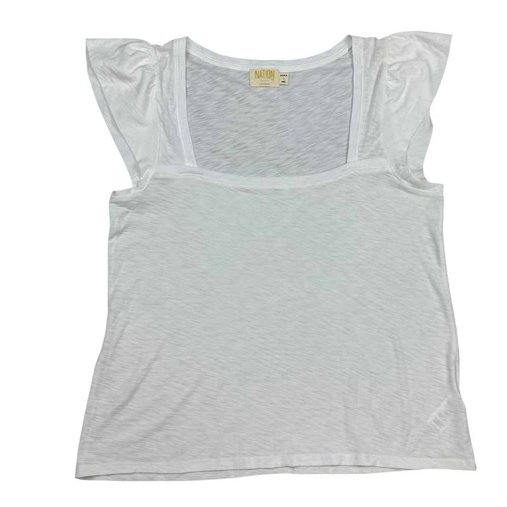 Nation LTD White Pima Cotton Square Neck Flutter Sleeve Slub Knit Top Large